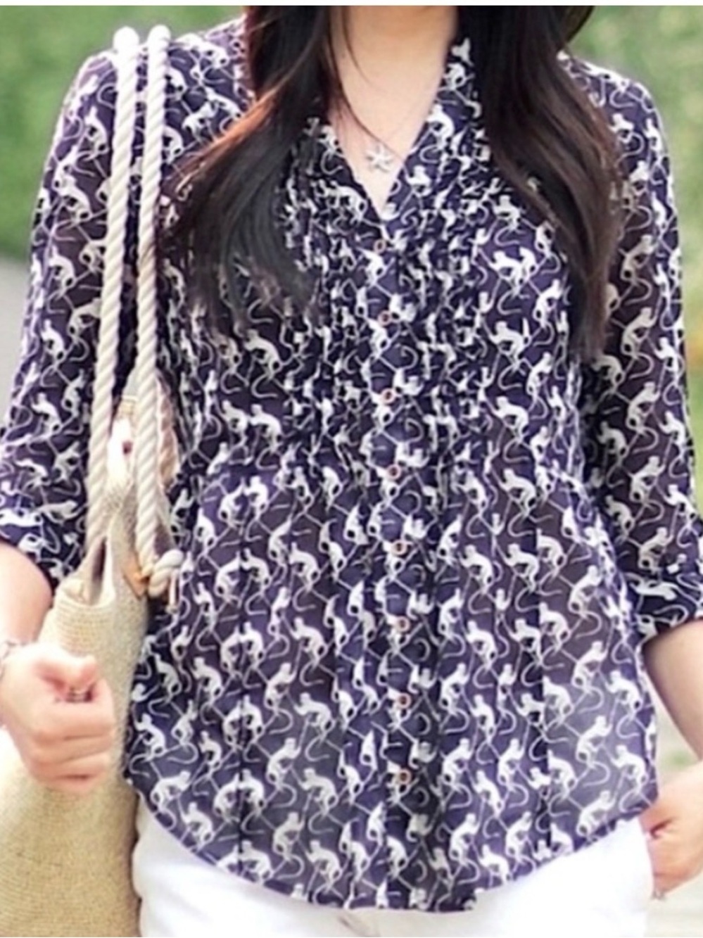 Maeve Anthropologie Monkey Print Cotton Blouse Pintuck Button Down Purple Size 6